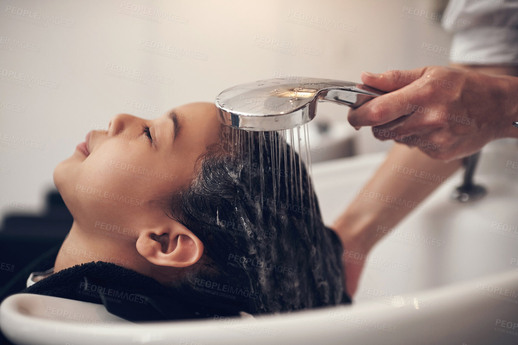 Buy stock photo Washing hair, kid or hands of stylist with girl in salon basin for natural scalp care or cleaning treatment. Rinse, spa or beauty service for client, child or shampoo cosmetics for health or wellness