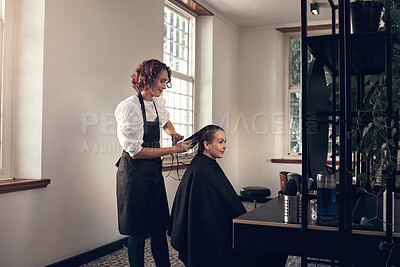 Buy stock photo Woman, hairdresser and client for beauty at salon with trim treatment, maintenance and hair care change of wellness. People, consultation and designer of style, cleaning and spa at luxury service