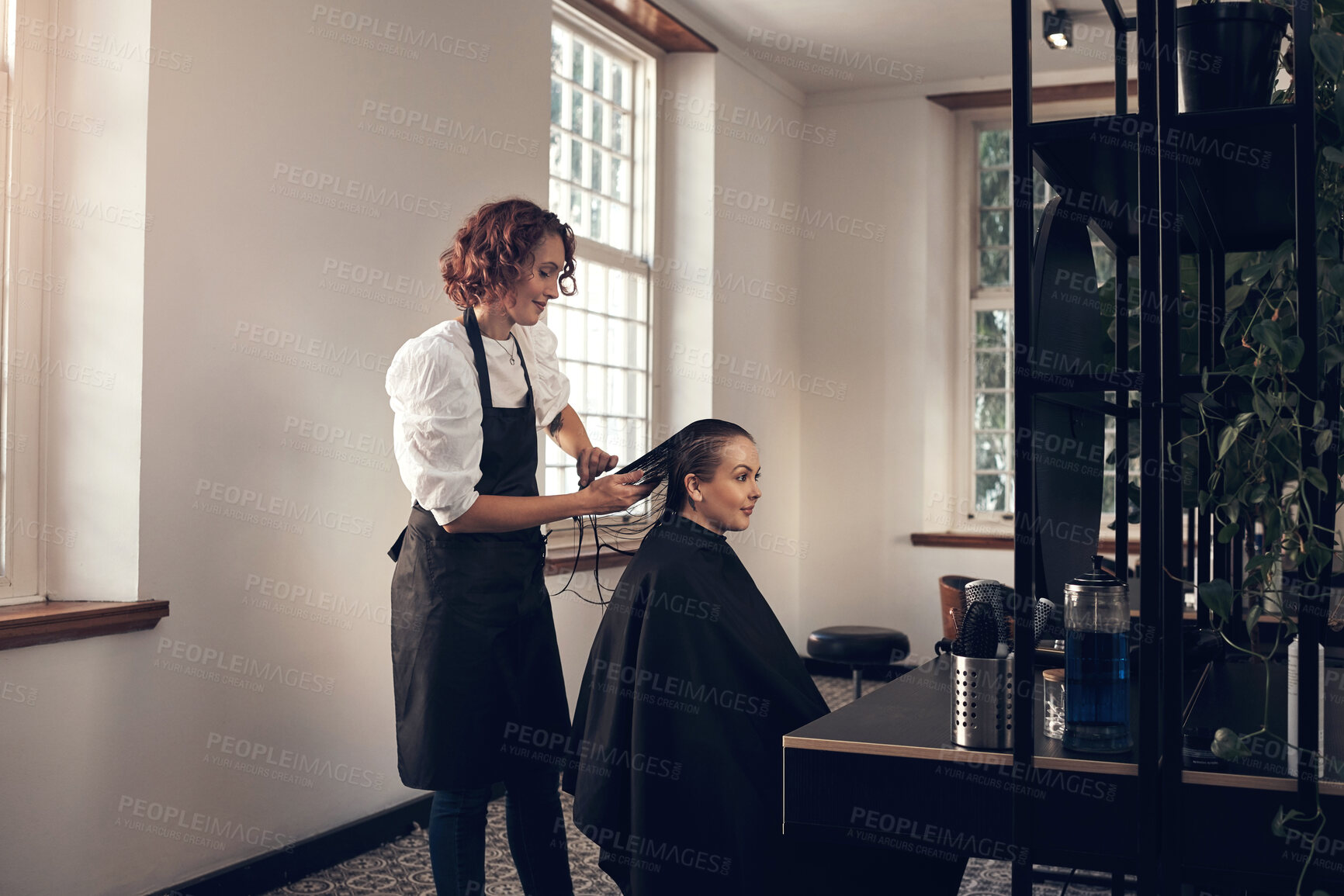 Buy stock photo Woman, hairdresser and client for beauty at salon with trim treatment, maintenance and hair care change of wellness. People, consultation and designer of style, cleaning and spa at luxury service