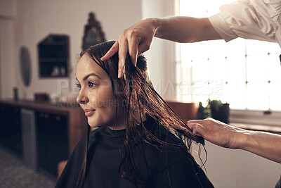 Buy stock photo Happy woman, treatment and salon with hair stylist for beauty, maintenance or customer service. Female person or client with smile for beautician, hairdresser or hairstyle at indoor grooming spa