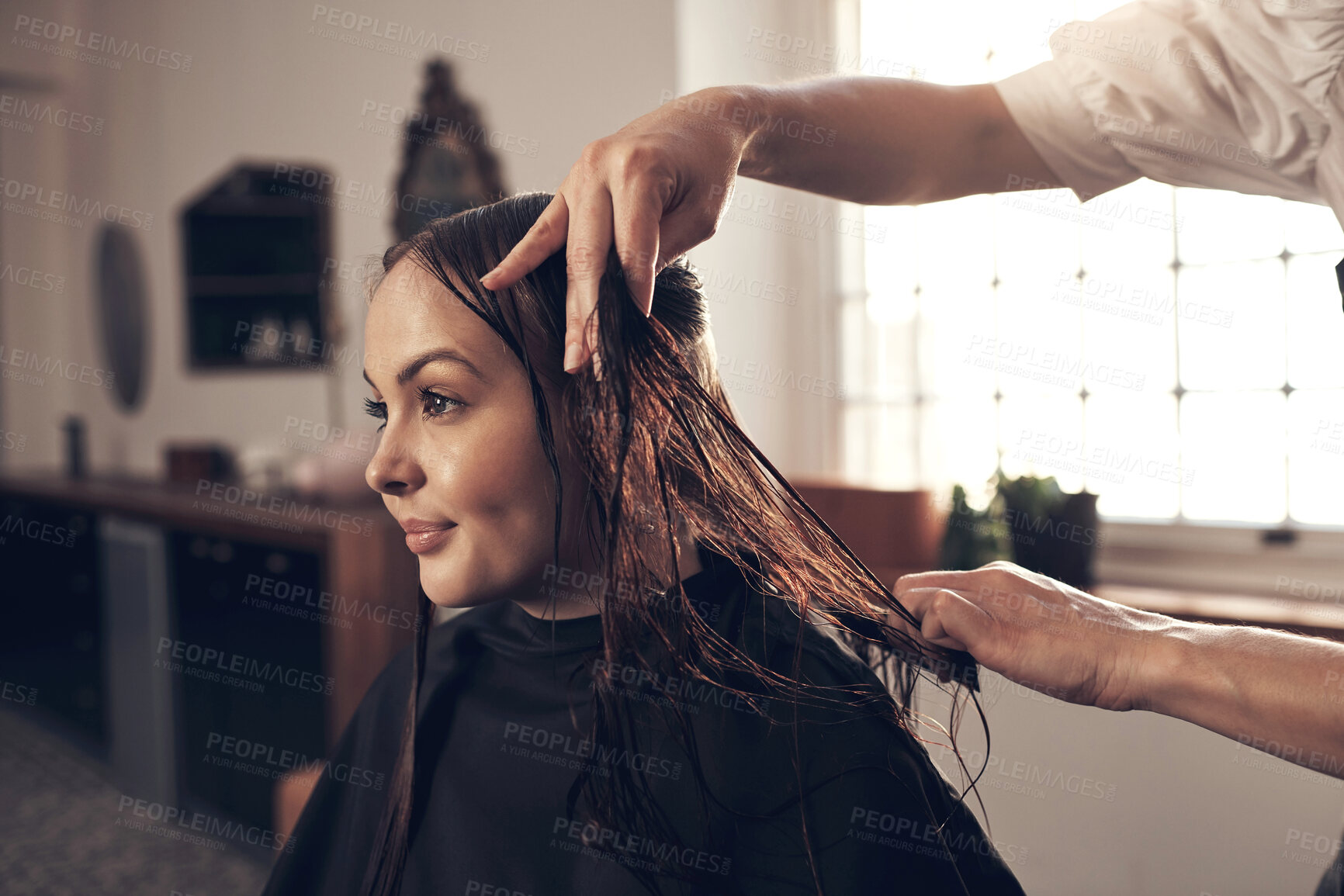 Buy stock photo Happy woman, treatment and salon with hair stylist for beauty, maintenance or customer service. Female person or client with smile for beautician, hairdresser or hairstyle at indoor grooming spa