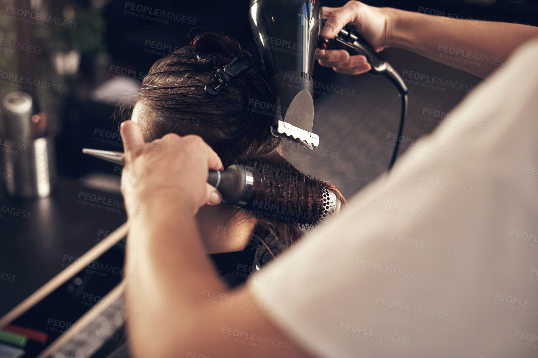 Buy stock photo Hairdresser, woman and client with hairdryer at salon for heat treatment, maintenance and haircare of change. People, designer and tools for consultation session, blowout and style at luxury service