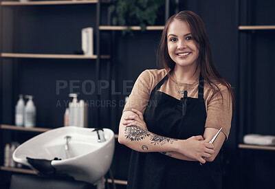 Buy stock photo Portrait, woman and hairdresser in salon, smile and small business for haircare, employee and apron. Startup, service and person with tools for working, entrepreneur and pride for barber shop