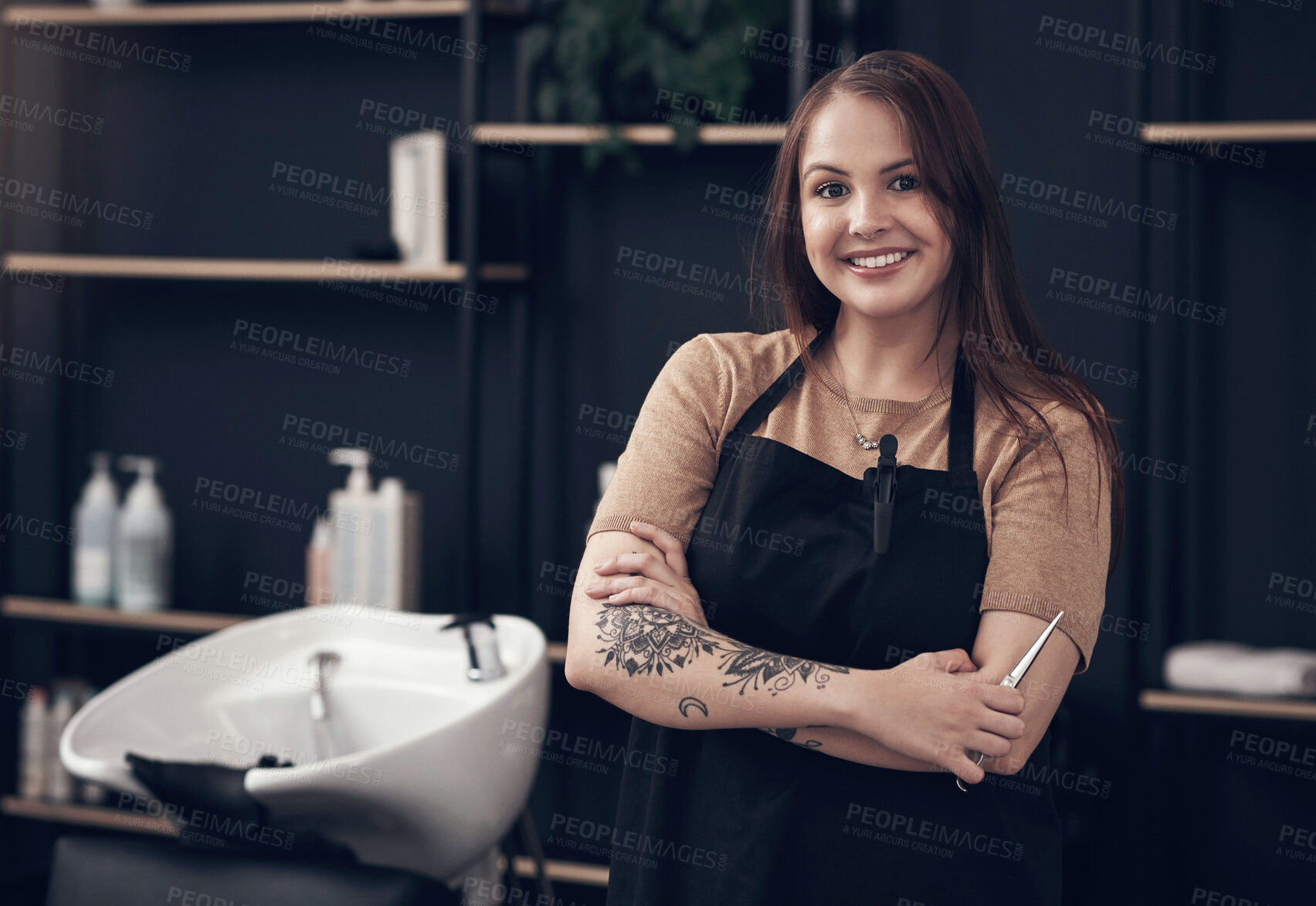 Buy stock photo Portrait, woman and hairdresser in salon, smile and small business for haircare, employee and apron. Startup, service and person with tools for working, entrepreneur and pride for barber shop