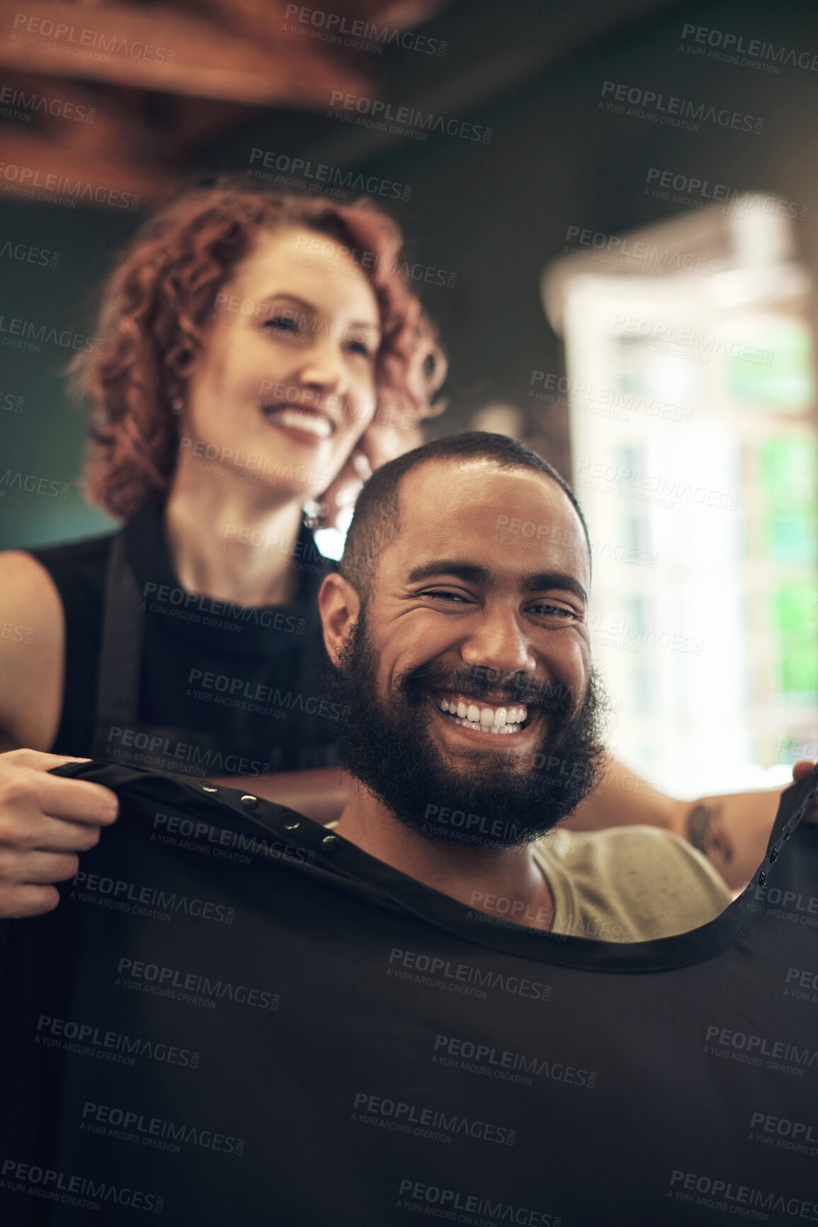 Buy stock photo Barber, salon and portrait of hairdresser with man for grooming, beard service and trim in boutique. Hair care, barbershop and stylist with happy client for appointment, treatment and hairstyle