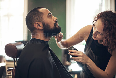 Buy stock photo Barber, salon and hairdresser with man for beard service, facial grooming and trim in boutique. Hair care, barbershop and beautician with shaver for customer for appointment, treatment and hairstyle