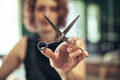 Buy stock photo Hairdresser, woman or closeup of hand with scissors for haircut, haircare or hairstyle appointment. Beauty salon, professional stylist or equipment for grooming treatment, ready to cut or change hair