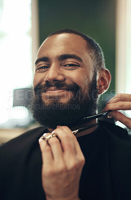 Buy stock photo Beard, trim and portrait of man at barbershop with scissors, comb and haircut with customer service at small business. Tools, barber and happy client in chair for grooming, style and facial hair care