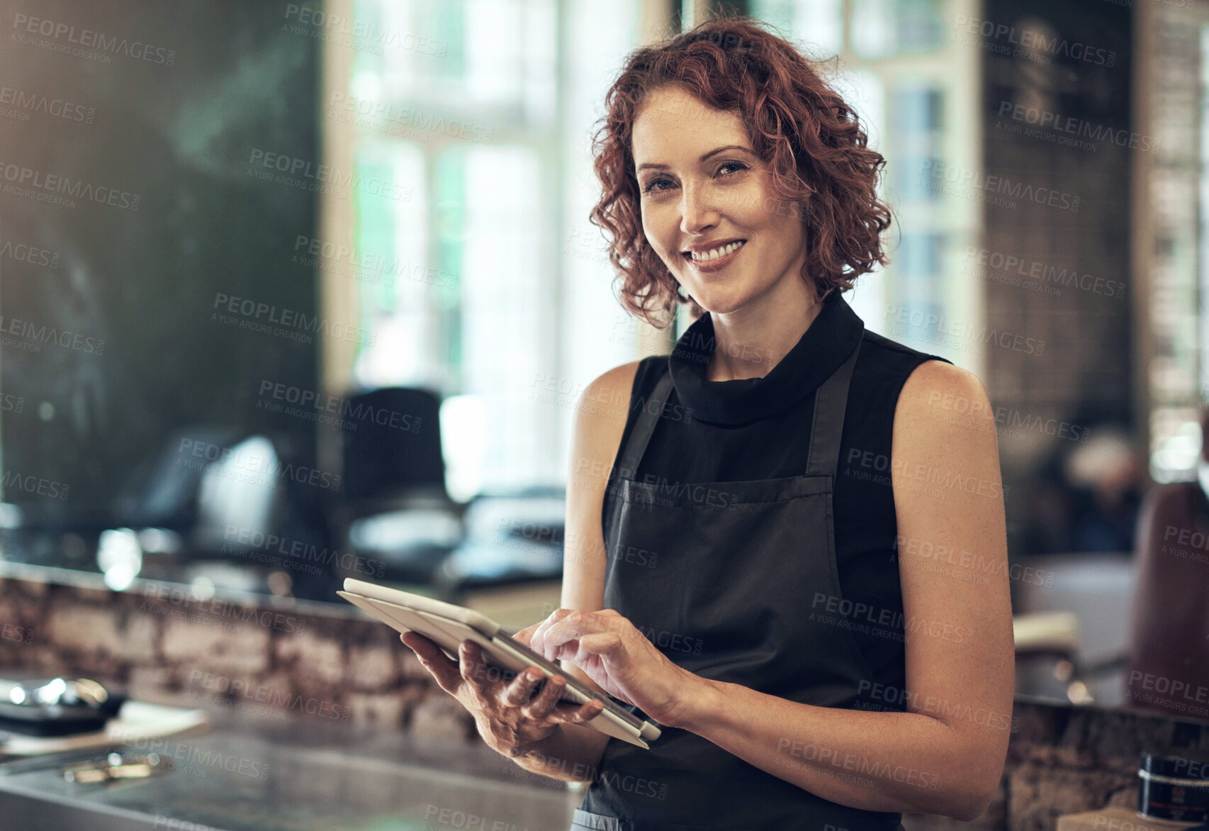 Buy stock photo Portrait, salon and woman with tablet for online schedule, booking or agenda for small business plan. Smile, scroll and happy hairdresser with digital app for research, email or social media review