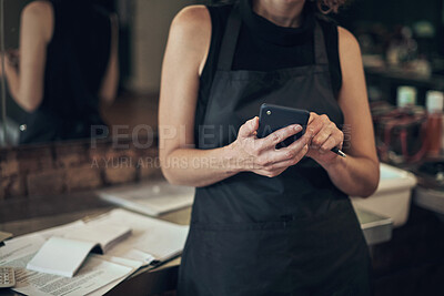 Buy stock photo Hair salon, hand and woman with phone at work for client, booking and appointment information. Small business, stylist and person with tech in spa for online, portfolio or beauty tips on website