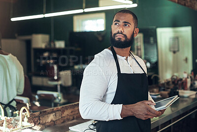 Buy stock photo Barber, thinking and man with tablet at work for client, booking and appointment information. Small business, stylist and person with tech in salon for online, portfolio and haircut tips on website