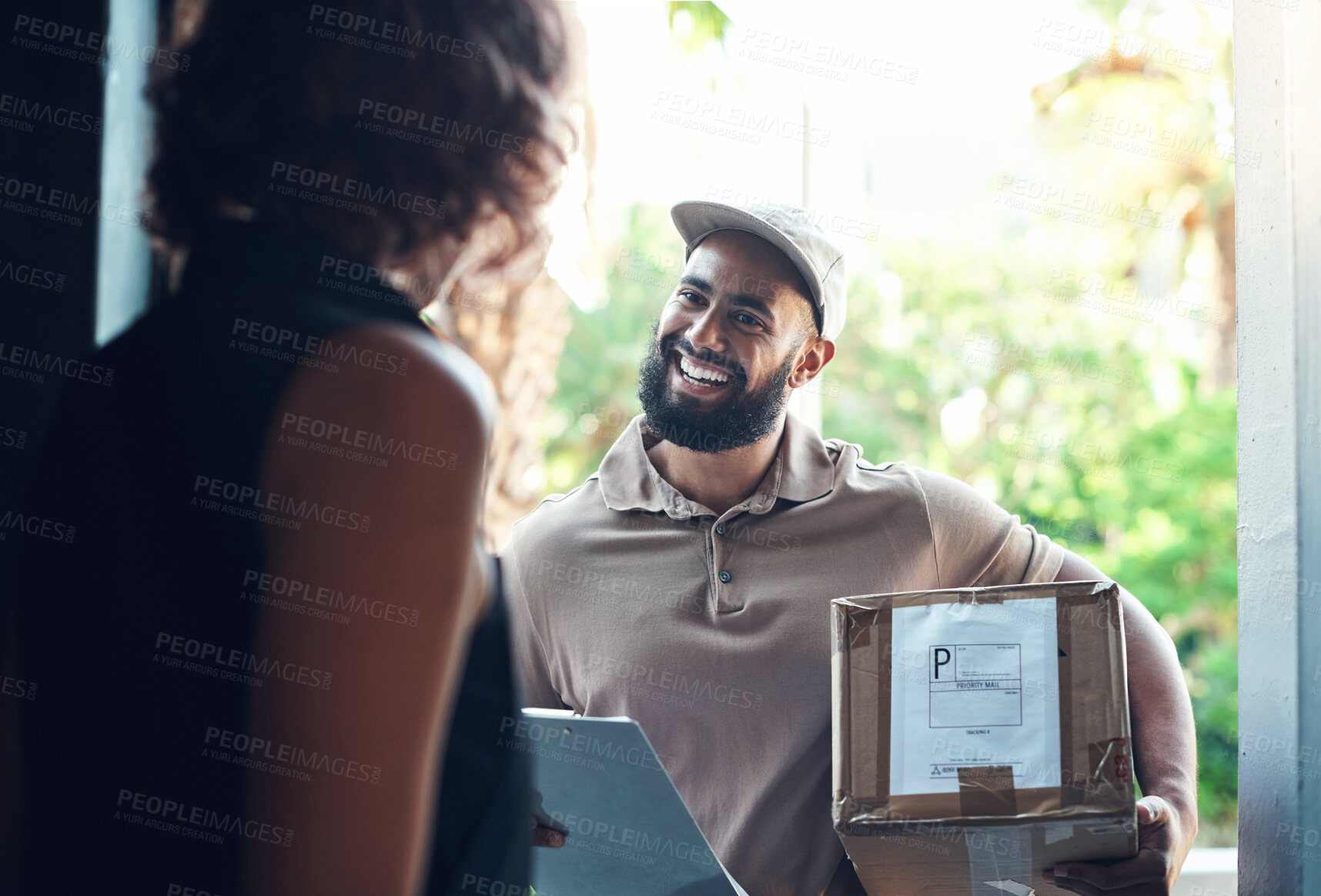Buy stock photo Delivery, man and box at front door with woman for online shopping order, parcel distribution or ecommerce. Logistics, worker and customer for product shipment, package export or supply chain in home