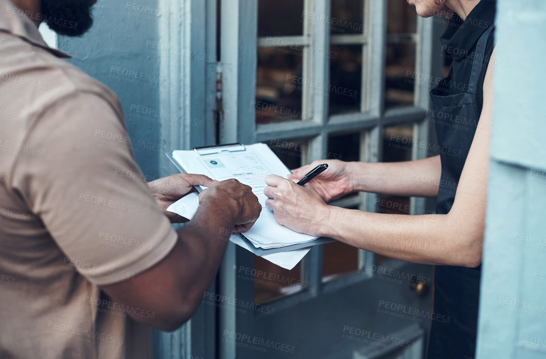Buy stock photo Delivery, sign and woman with documents for small business, salon and barber shop products. Front door, courier service and people with signature forms for online shopping, order and collect parcel
