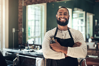 Buy stock photo Service, confidence and portrait of man in barbershop with stylist, entrepreneur and small business owner. Smile, about us and happy barber in salon with tools, pride and professional hair care