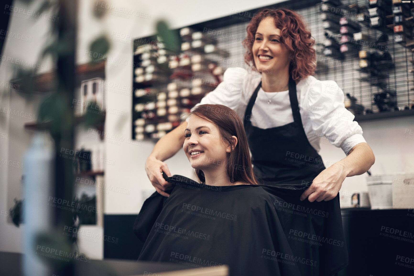 Buy stock photo Woman, hairdresser and business or done in salon, professional stylist and client in chair. Satisication, treatment and happiness for hair style, customer and beauty industry for service complete