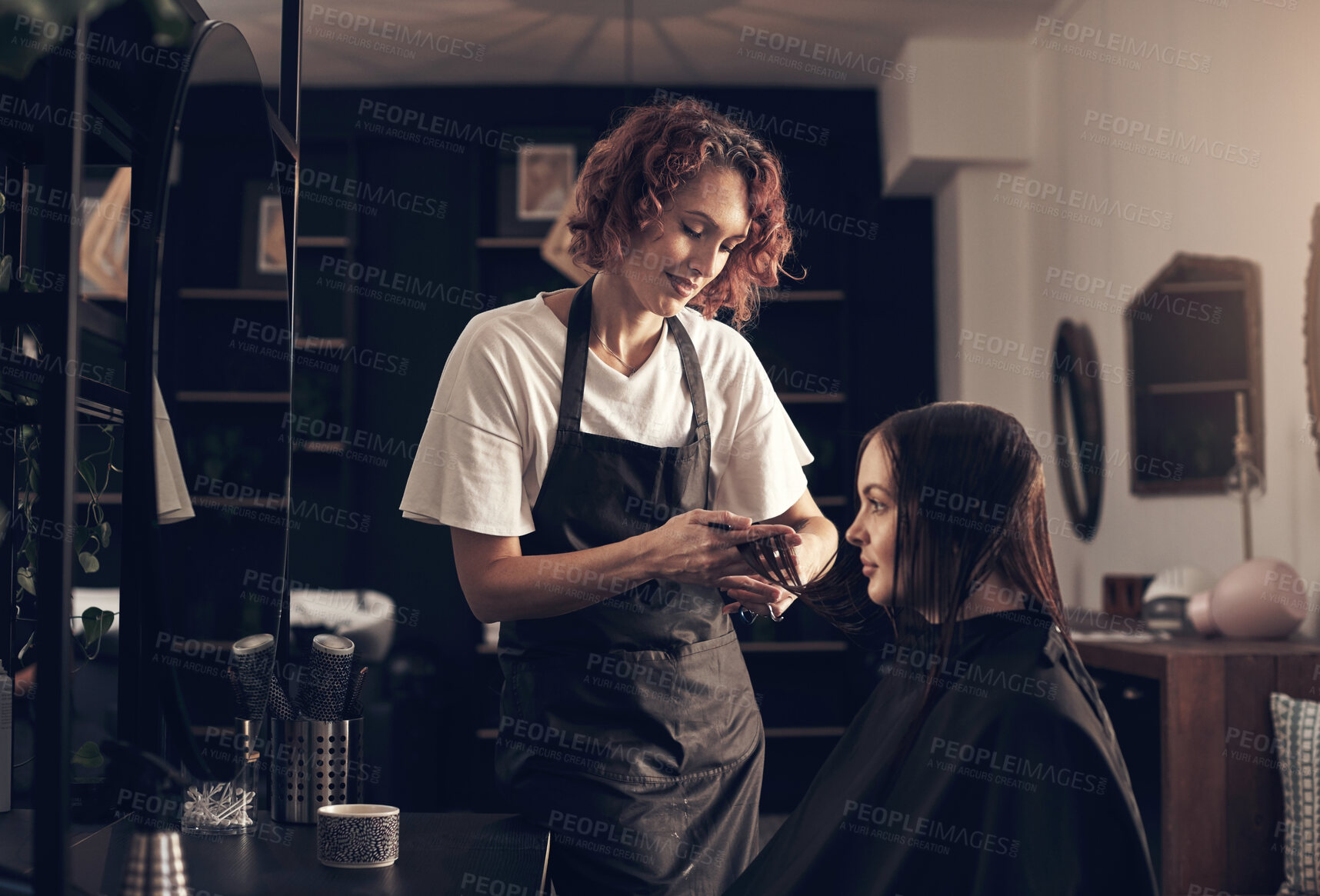 Buy stock photo Woman, beauty salon and cut hair of customer for keratin treatment, haircare and professional for hairstyle. Hairdresser, cosmetologist and hairstylist with client for grooming, service and care.