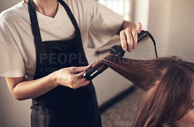 Buy stock photo Hairdresser, woman and client with curling tool for heat treatment, maintenance and haircare of natural change. People, designer and tools for consultation session, blowout and style at luxury salon