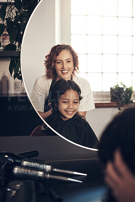 Buy stock photo Salon, haircut and mirror with girl, customer and hair for grooming or wellness. Fashion, client and scissors with creative style, beautician at work with employee for startup haircare service