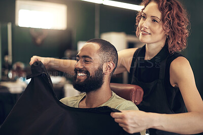 Buy stock photo Barber, salon and hairdresser with man in chair for grooming, beard service and trim in boutique. Hair care, barbershop and beautician with happy customer for appointment, treatment and hairstyle