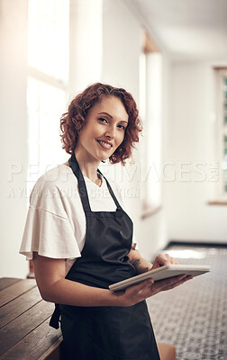 Buy stock photo Smile, portrait and woman with tablet at hairdresser for appointment, information or client records. Business owner, stylist and person with tech at salon for online, agenda or beauty tips on website