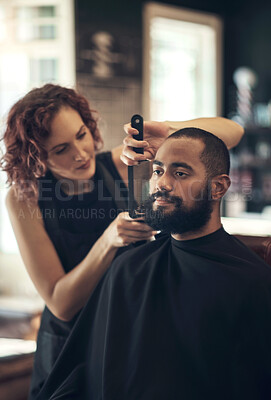 Buy stock photo Barber, salon and hairdresser with customer in chair for grooming, beard service and trim in boutique. Hair care, barbershop and beautician with man for appointment, facial treatment and hairstyle