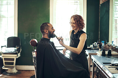 Buy stock photo Barber, salon and hairdresser with client for beard service, facial grooming and trim in boutique. Hair care, barbershop and beautician with scissor for man for appointment, treatment and hairstyle