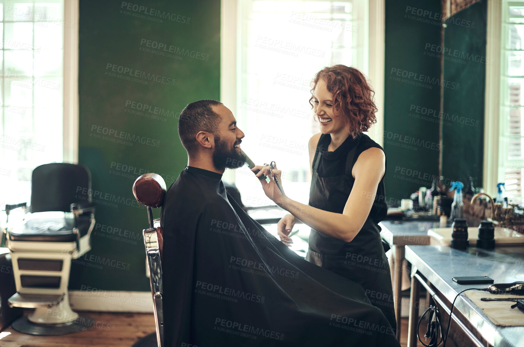 Buy stock photo Barber, salon and hairdresser with client for beard service, facial grooming and trim in boutique. Hair care, barbershop and beautician with scissor for man for appointment, treatment and hairstyle