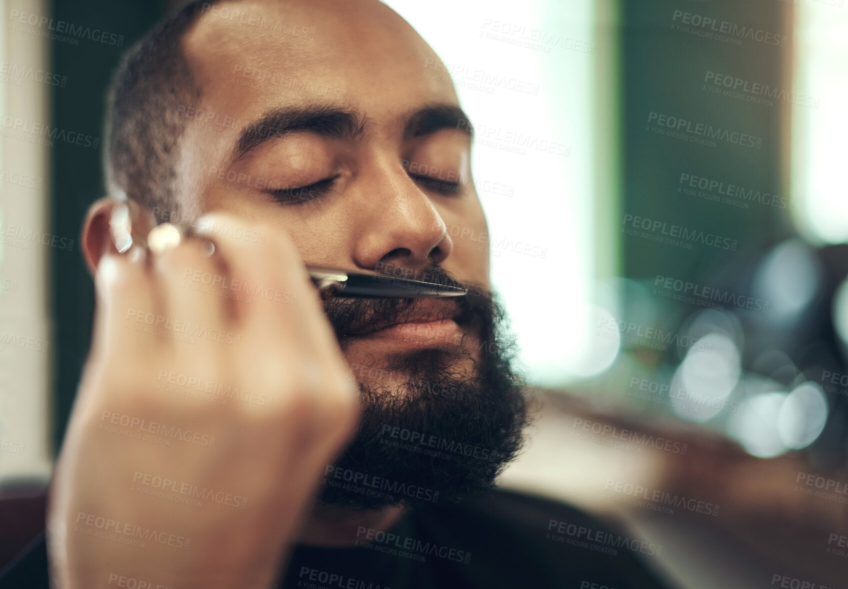 Buy stock photo Moustache, trim and man at barbershop with scissors, haircut and relax in customer service at small business. Tools, barber and client in chair for beard grooming, style and facial hair care makeover