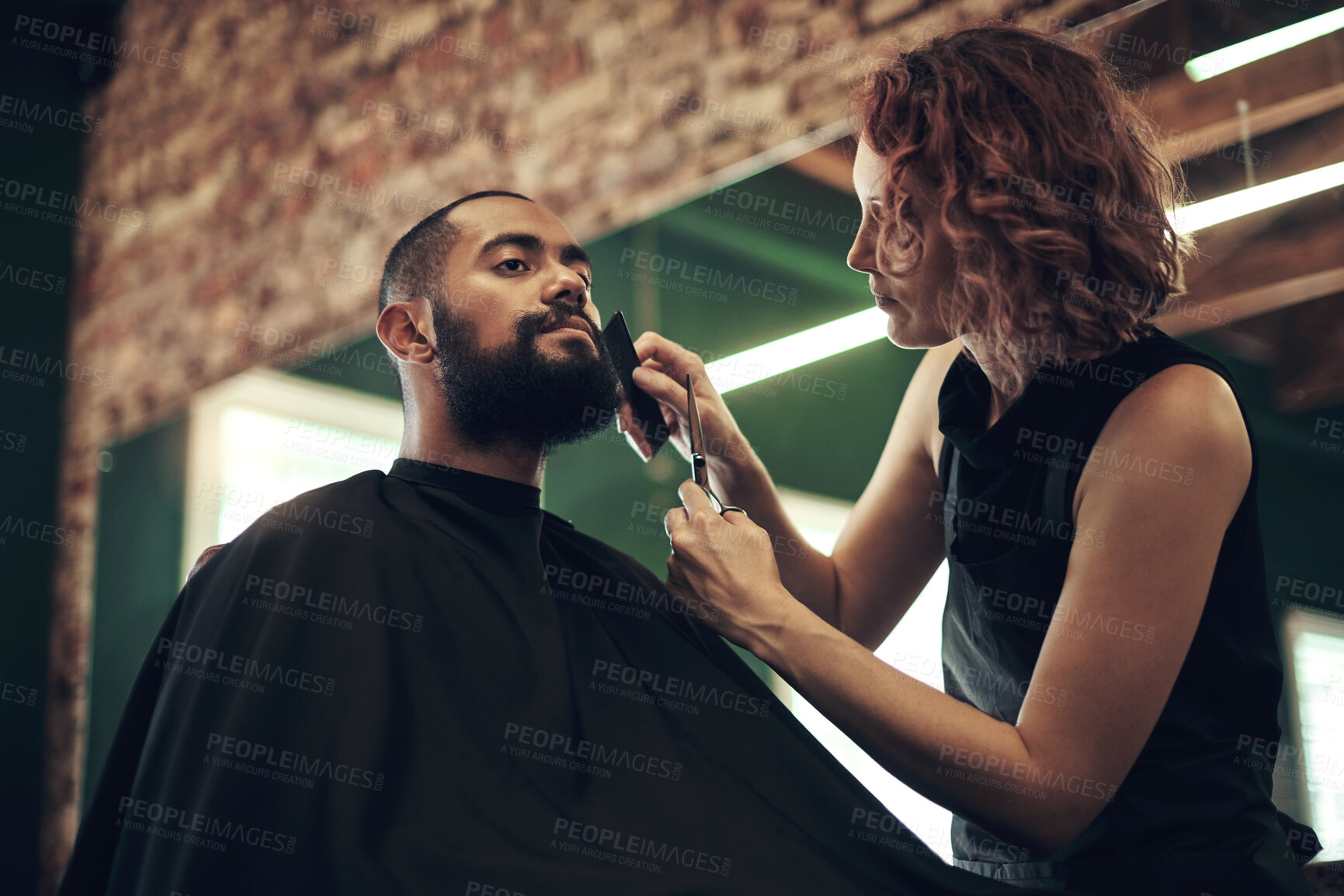 Buy stock photo Beard, woman and man at barbershop for trim with comb, scissors and haircut with customer service at small business. Tools, barber and client in chair for grooming, style or facial hair care at salon