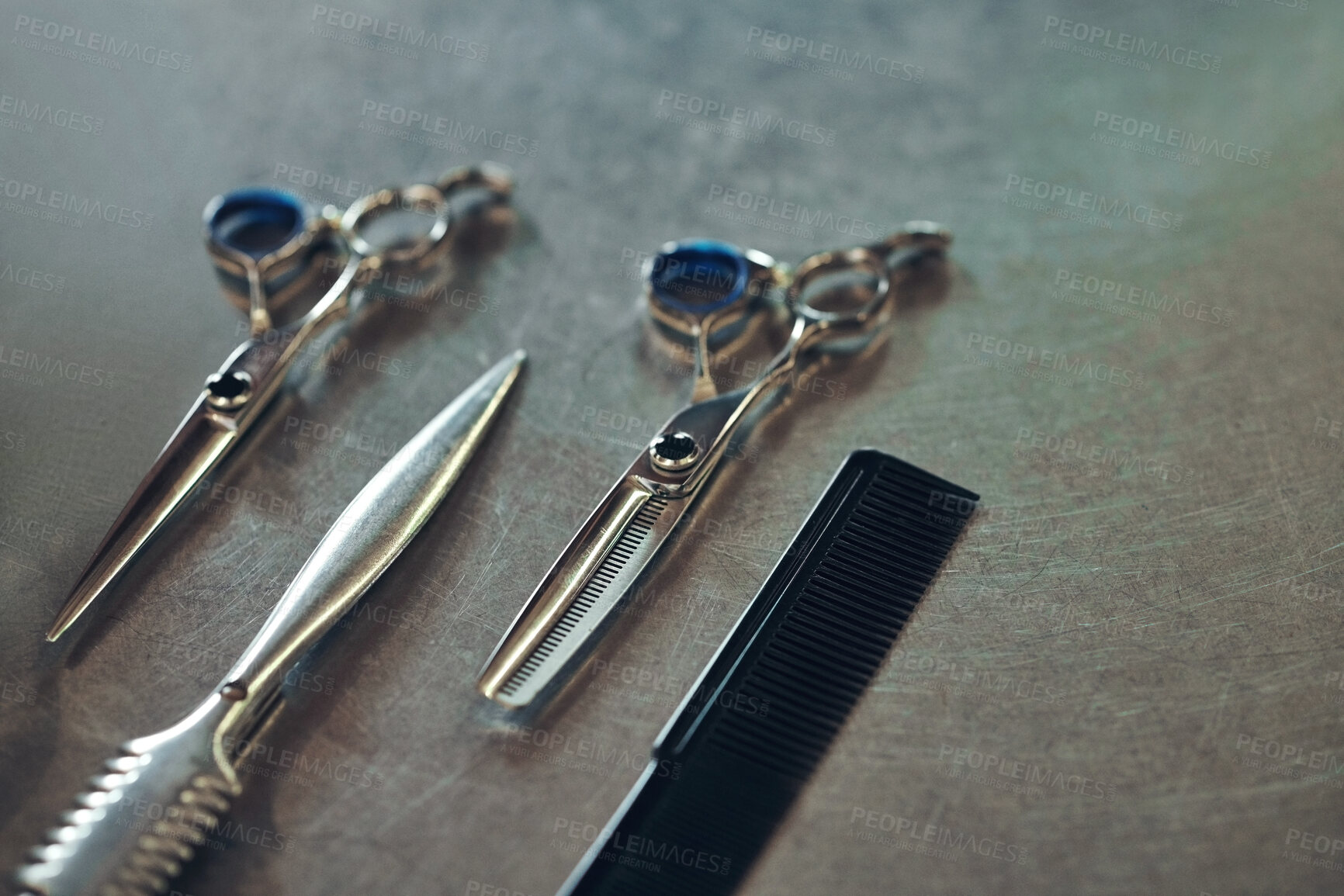 Buy stock photo Barber, salon and scissors with comb for grooming, wellness and styling for beauty service. Professional, tools and closeup of hairdressing in barbershop for haircare, trim and cut for hairstyle