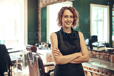 Buy stock photo Hair care, confidence and portrait of woman in barbershop with stylist, hairdresser or small business owner. Smile, about us and girl barber in salon with arms crossed, pride and professional service