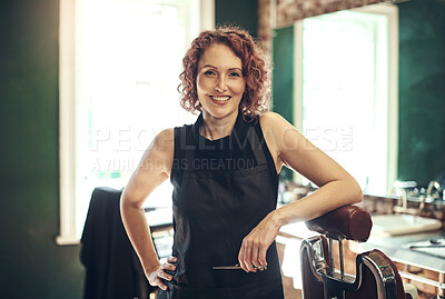 Buy stock photo Hair care, tools and portrait of happy woman in barbershop for stylist, hairdresser or small business owner. Confidence, about us and female barber with smile, scissors or professional pride in salon