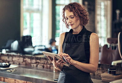 Buy stock photo Tablet, salon and woman checking email for online schedule, booking or agenda for small business plan. Search, scroll and hairdresser with digital app for research, erp report or social media review