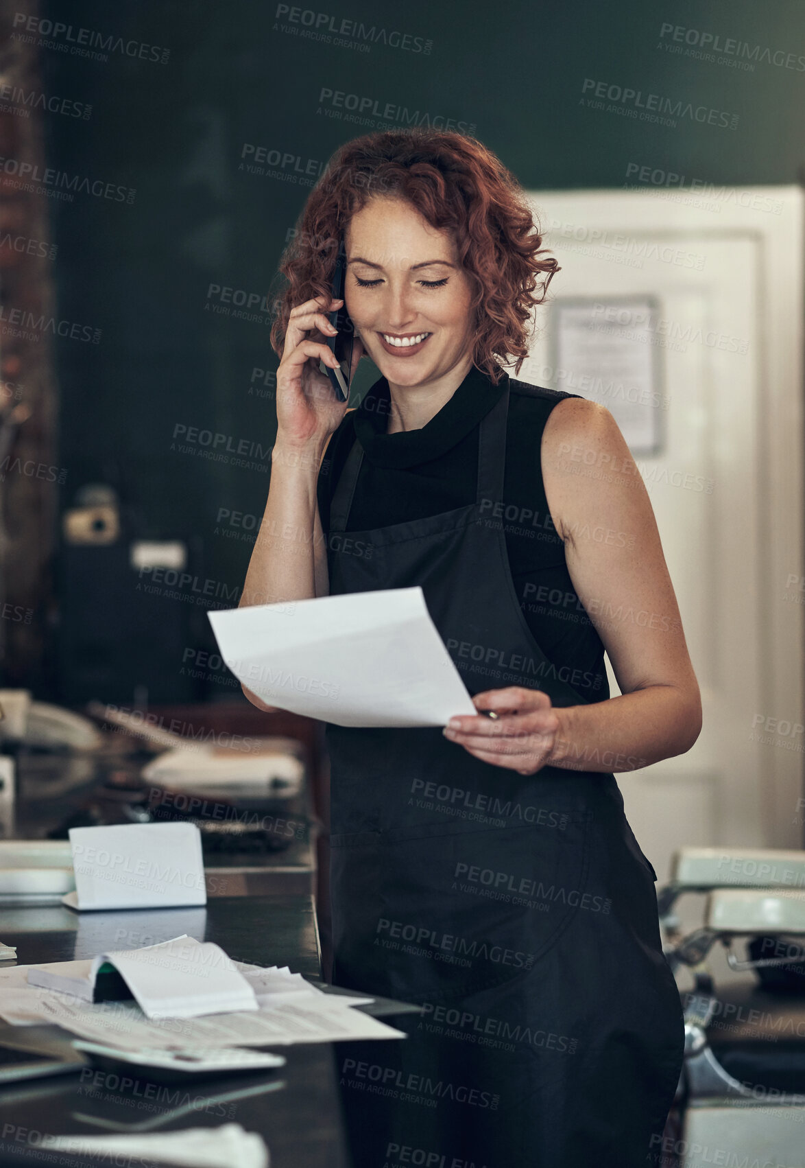 Buy stock photo Salon, document and woman with phone call at work for client, discussion and appointment info. Small business, stylist and person with tech in spa for booking, consulting and customer support