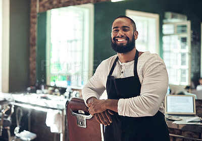 Buy stock photo Barber shop employee, hair stylist and black man portrait of an entrepreneur with smile. Salon, professional worker and male person face with happiness and proud from small business and beauty parlor