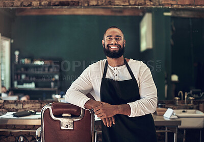 Buy stock photo Barber shop, hair stylist and black man portrait of an entrepreneur with a smile. Salon, professional worker and male person face with happiness and proud from small business and beauty parlor