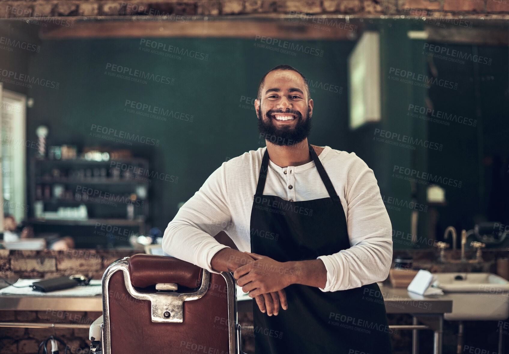 Buy stock photo Barber shop, hair stylist and black man portrait of an entrepreneur with a smile. Salon, professional worker and male person face with happiness and proud from small business and beauty parlor