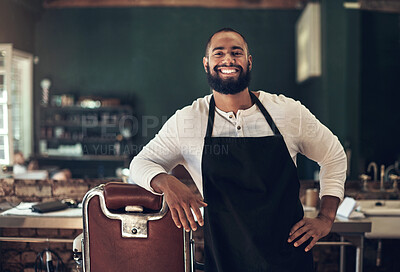 Buy stock photo Barber shop, hair stylist smile and black man portrait of an entrepreneur feeling happy. Salon, professional worker and male person face with happiness and proud from small business and beauty parlor