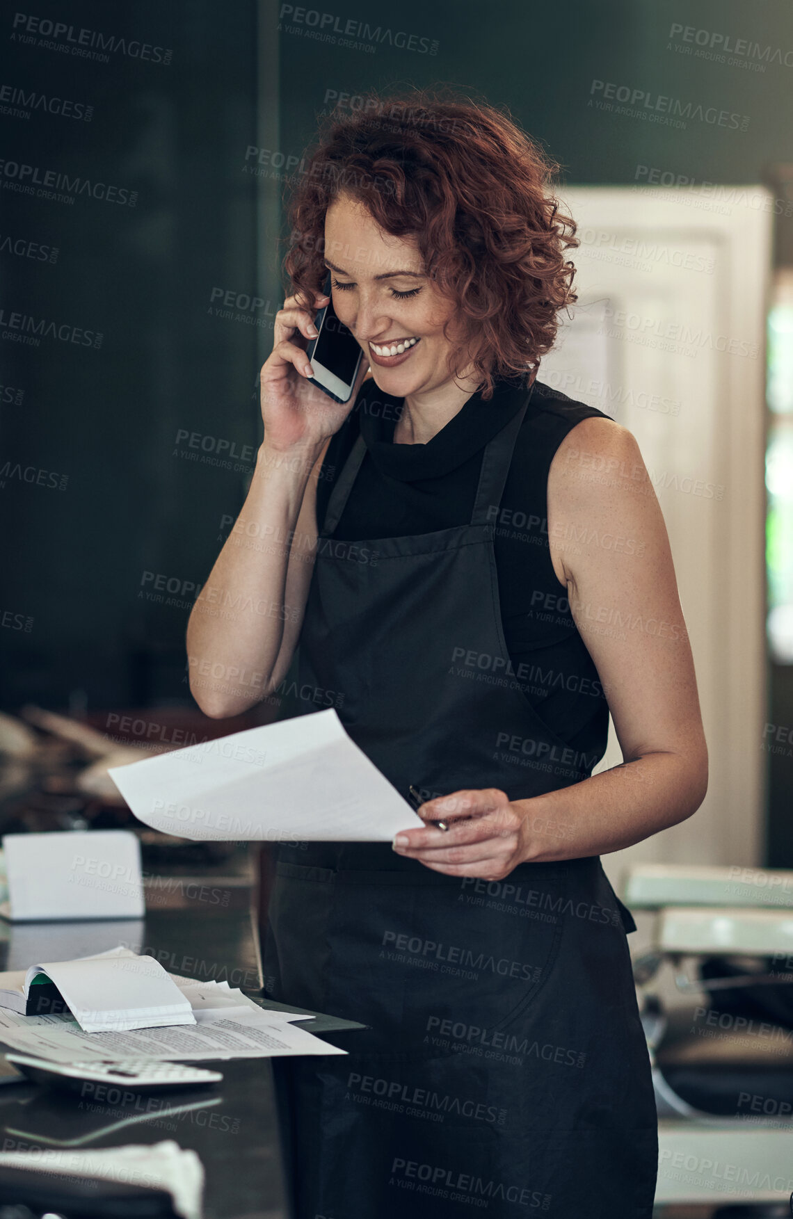 Buy stock photo Hair salon, paperwork and woman with phone call at work for booking, discussion and appointment info. Small business, stylist and person with tech at spa for client, consulting and customer support