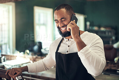 Buy stock photo Barber, smile and man with phone call at work for client, consulting and booking information. Stylist, customer support and person with tech in spa for appointment, discussion and small business