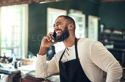 Buy stock photo Happy, barber and man with phone call at work for small business, client and booking information. Stylist, customer support and person with tech in spa for appointment, consulting and availability