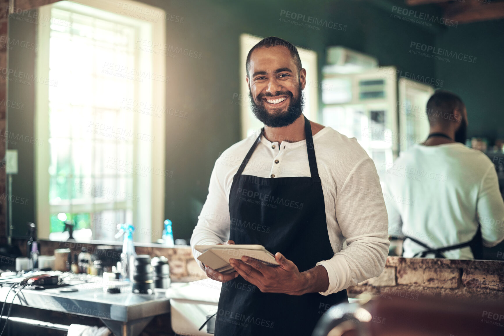 Buy stock photo Barber, man and portrait with tablet technology in salon for schedule, online appointment or calendar. Small business, happy owner and digital app for haircare research, styling tips or booking email