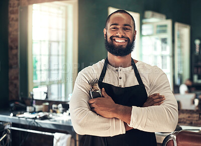 Buy stock photo Barber shop, hair stylist smile and black man portrait of an entrepreneur with beard trimmer. Salon, professional worker and male person face with happiness from small business and beauty parlor