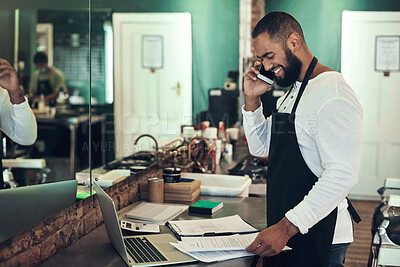 Buy stock photo Smile, paperwork and man with phone call at barber for client appointment, discussion and availability. Small business, stylist and person with tech at spa for booking, consulting or customer support