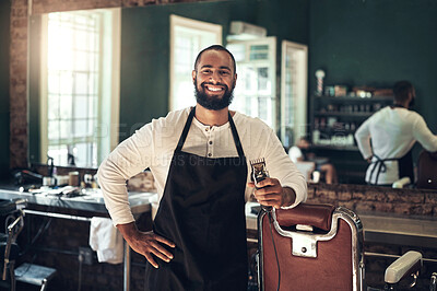 Buy stock photo Barber shop, hair clipper and black man portrait of an entrepreneur with a smile. Salon, professional worker and male person face with happiness and proud from small business and beauty parlor