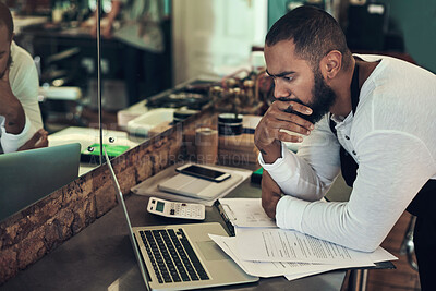 Buy stock photo Barber, stress and man with documents on laptop for financial planning, budget and insurance for startup. Hair care, small business and hairdresser on computer with paperwork for bills, debt or tax