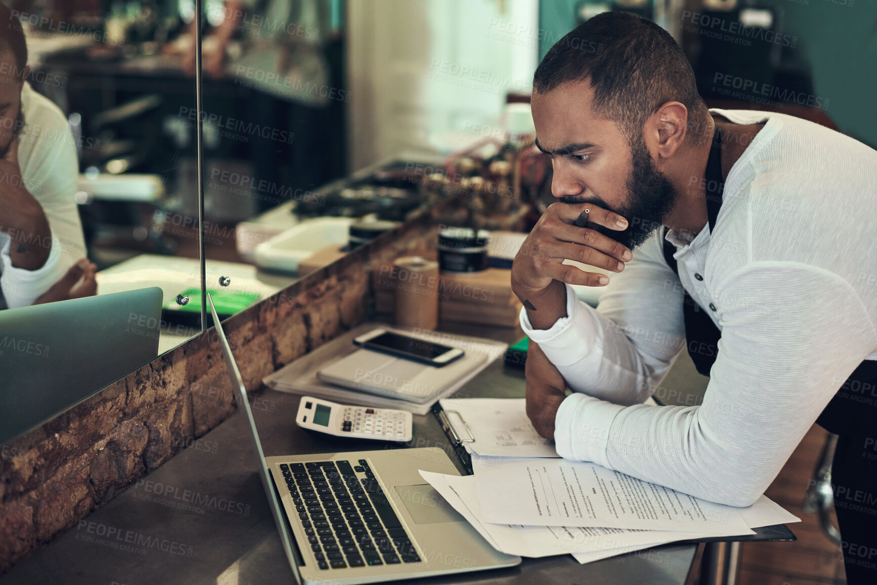 Buy stock photo Barber, stress and man with documents on laptop for financial planning, budget and insurance for startup. Hair care, small business and hairdresser on computer with paperwork for bills, debt or tax