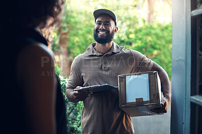 Buy stock photo Delivery, man and package at front door with customer for online shopping order, parcel distribution and ecommerce. Logistics, happy worker and person for product shipment and courier service in home