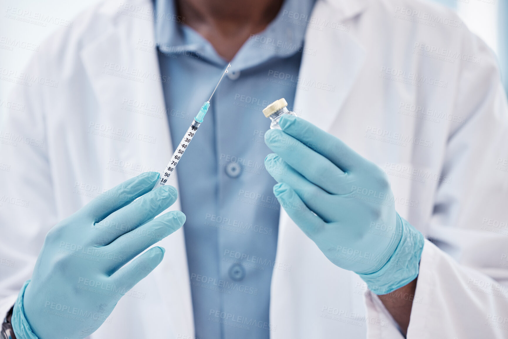 Buy stock photo Doctor, hands and needle with vaccine in pharmacy for research, medical testing and analysis. Male person, working and science innovation in laboratory for education, healthcare and studying