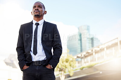 Buy stock photo Outdoor, city and businessman with thinking in morning for travel planning, idea and journey. Accountant, nature and male person with confidence for corporate, commute and adventure in low angle